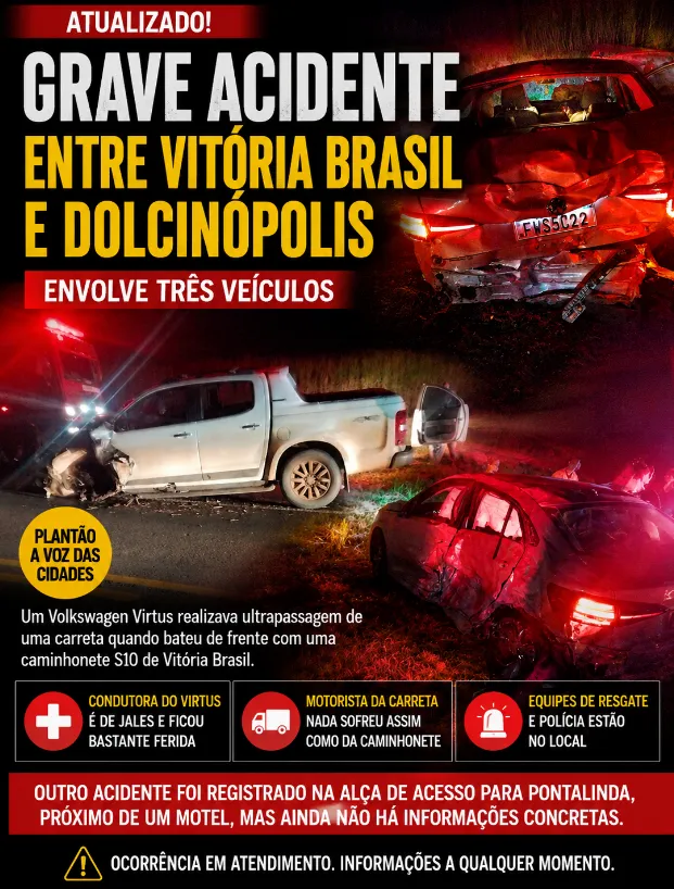 Acidente entre Vitória Brasil e Dolcinópolis envolveu três veículos; motorista de Jales fica ferida