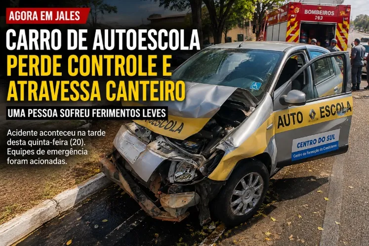 Carro de autoescola perde controle, atravessa canteiro central e deixa uma pessoa ferida em Jales